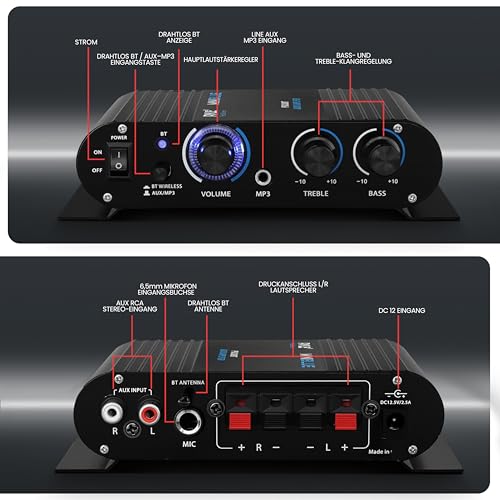 Pyle Mini Bluetooth Stereo Verstärker, 90W Audio Receiver mit 3 Eingänge, 2 Kanal, EQ Controls für das Heimkino