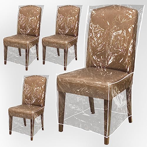 PAMASE 4 Pack Plastic Dining Chair Protectors with Backrests - Waterproof Thickened PVC Seat Covers Removable Washable Slipcover Keeping Chair Away from Water Dust Pet Hair Paws Claws