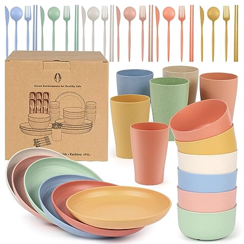 Czemo Set Piatti Campeggio 6 Persone, Set Stoviglie di Plastica Lavabili, Set Piatti e Posate per Campeggio, Stoviglie da Campeggio, Servizio di Piatti Colorati con Ciotole, Tazze, Forchette