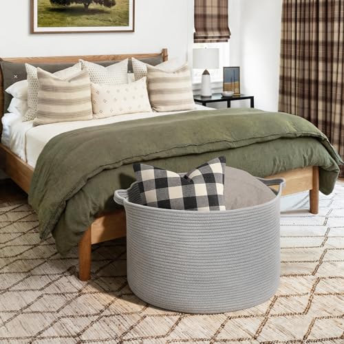 Image of MEGASKET 115L Super Large Gray Blanket Basket, 23.6 inchx15.7 inch Woven Cotton Rope Storage Basket for Laundry, Towel, Pillow, Oversized Kids Dog Toy Storage Bin, Grey XXXL Blanket Holder for Living Room