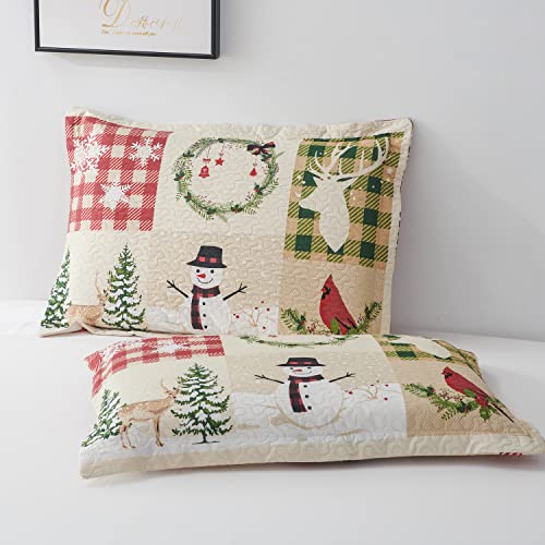 Christmas Quilts Twin Size Red Green Plaid Patchwork Bedding Lightweight Cardinal Bedspread Snowman Coverlet For Kids Girls Adults,1 Quilt 2 Pillow Shams #TOP5