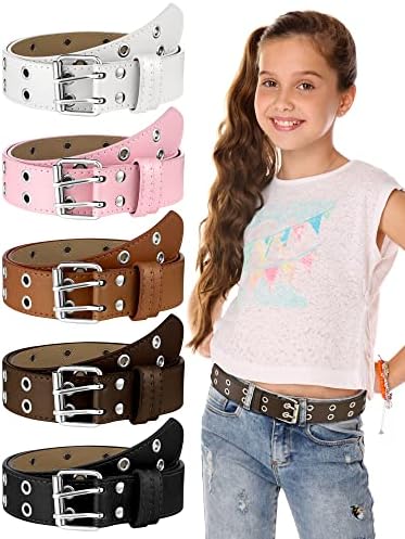 Newcotte 5 Pcs Girls Double Grommet Belts with Holes Kids PU Leather Waist Belts Kids Belt for 6-12 Year Girl Boy Jeans Pants (Cute Colors, Suit for Waist Size 26"-30")