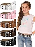 Newcotte 5 Pcs Girls Double Grommet Belts with Holes Kids PU Leather Waist Belts Kids Belt for 6-12