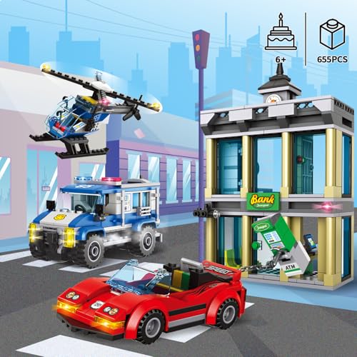 City Police Bank Building Sets, Compatible with Lego Police Bank, Includes Car, Bank, Helicopter, Police Chase Building Blocks Toy Set Gift for Kids 6 Plus Years Old（655 PCS） by Mkmimo - Used condition - Image 6