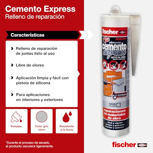 Miniatura 3 de Fischer - Cemento Express 310ml Gris Claro Relleno De Reparación De Juntas Uso Interior Y Exterior Aplicación Fácil Con Pistola De Silicona Resistente A La Lluvia, Multicolor, 310 Ml