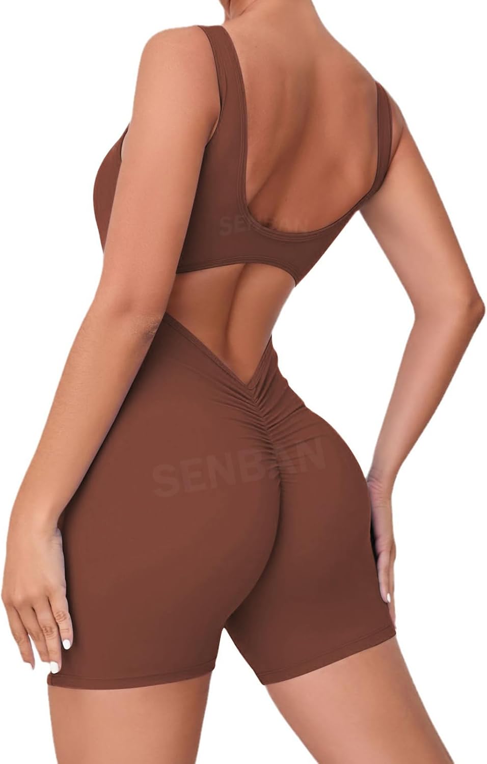 SENBAN Women Workout Jumpsuits Sexy Sleeveless Backless One Piece Rompers V Back Scrunch Yoga Jumpsuits Shorts Unitard Brown S