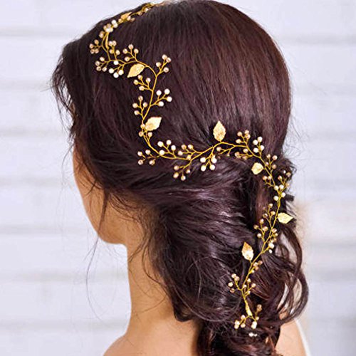 Yean Leaf Bride Wedding Headband Gold Bridal Hair Accessories Rhinestones Headpiece for Women and Girls