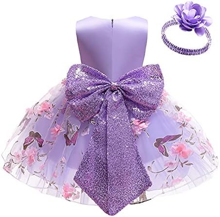 Flower Girl Sequins Bowknot Butterfly Tutu Dress for Kids Baby Christening Baptism Communion Birthday Party Dress Toddler Princess Pageant Wedding Gown with Headwear Purple - Butterfly 3-4 Years