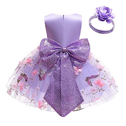 Flower Girl Sequins Bowknot Butterfly Tutu Dress For Kids Baby Christening Baptism Communion Birthday Party Dress Toddler Princess Pageant Wedding Gown With Headwear Purple - Butterfly 3-4 Years #TOP13