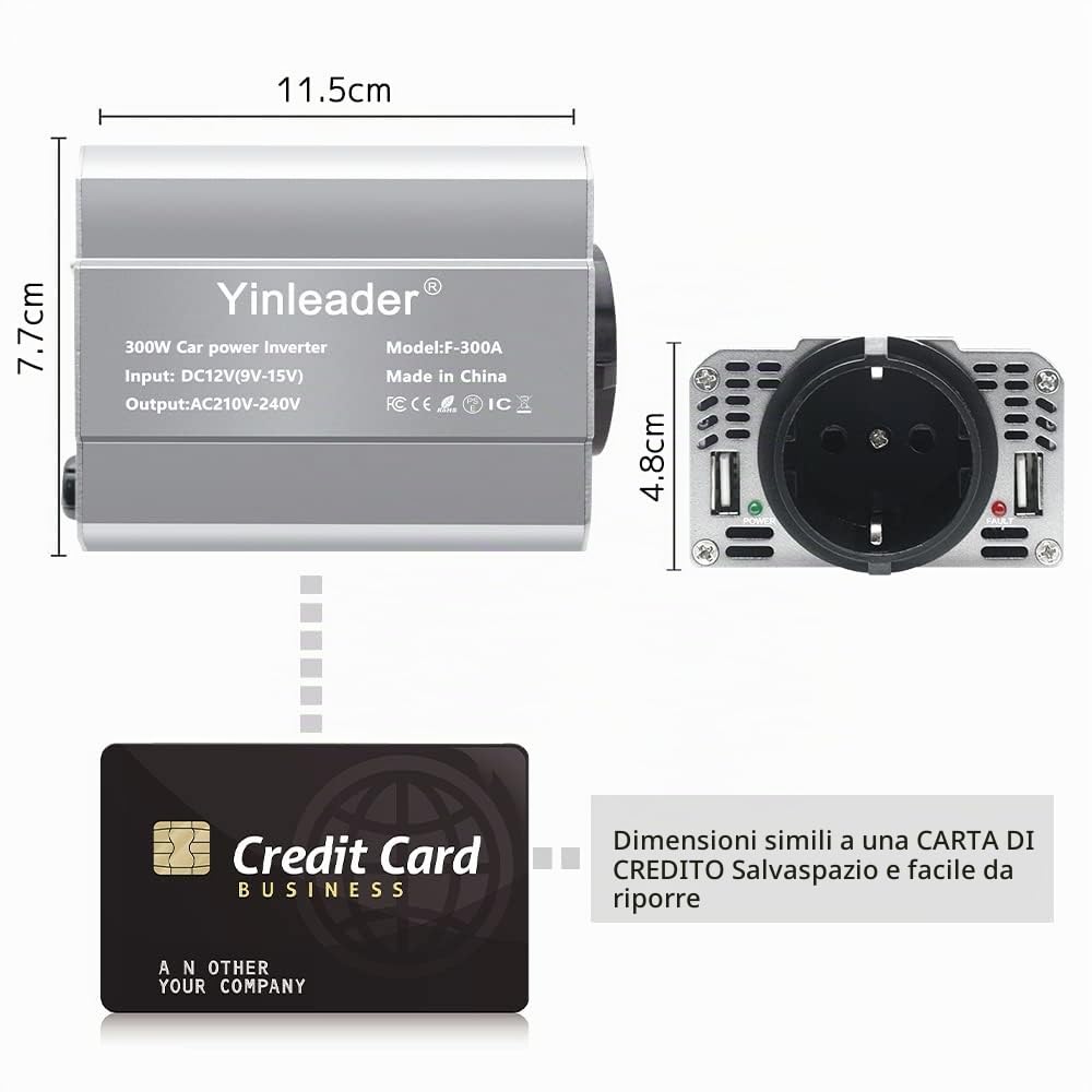 Yinleader Inverter da 12V a 230V 300W 1 presa UE 2 USB Convertitore di tensione per auto