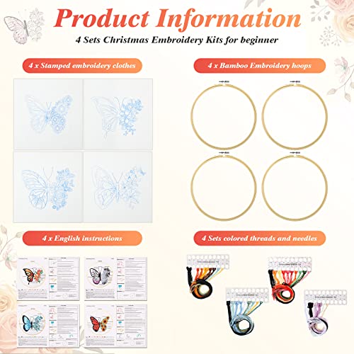 4 Set Butterfly Embroidery Kit Butterfly And Flower Cross Stitch Cloth Diy Needlepoint Kits With Patterns And Instructions, Embroidery Hoops, Threads, Needles And Needle Threader (Butterfly Style) #TOP1
