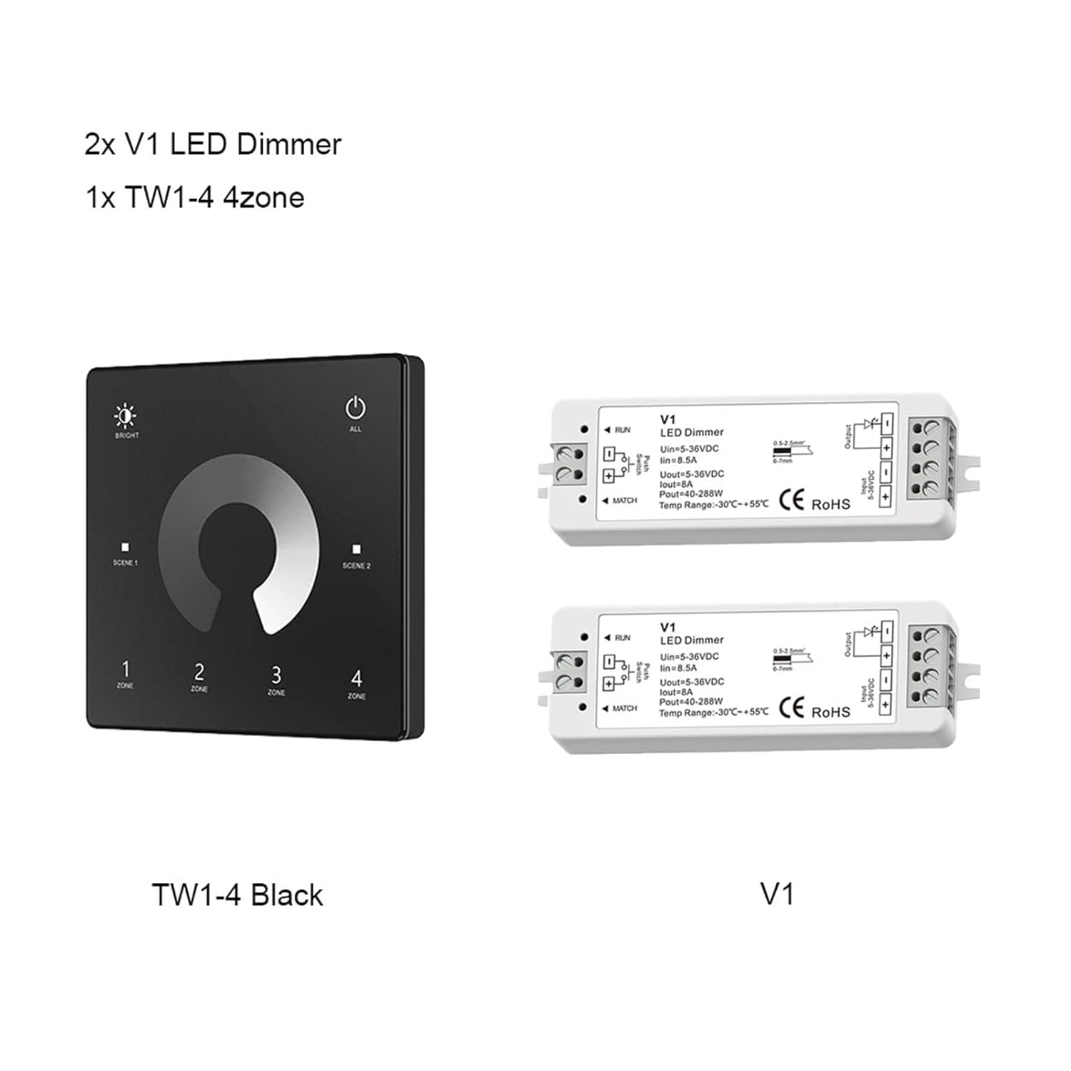 V1 LED Dimmer 1 Channel 5V 12V 24V 36V 4 Zones Single Color LED Strip Dimming Kit 2.4G Remote Control Touch Switch Dimmer(2xV1 1x TW1-4(B) KIT)