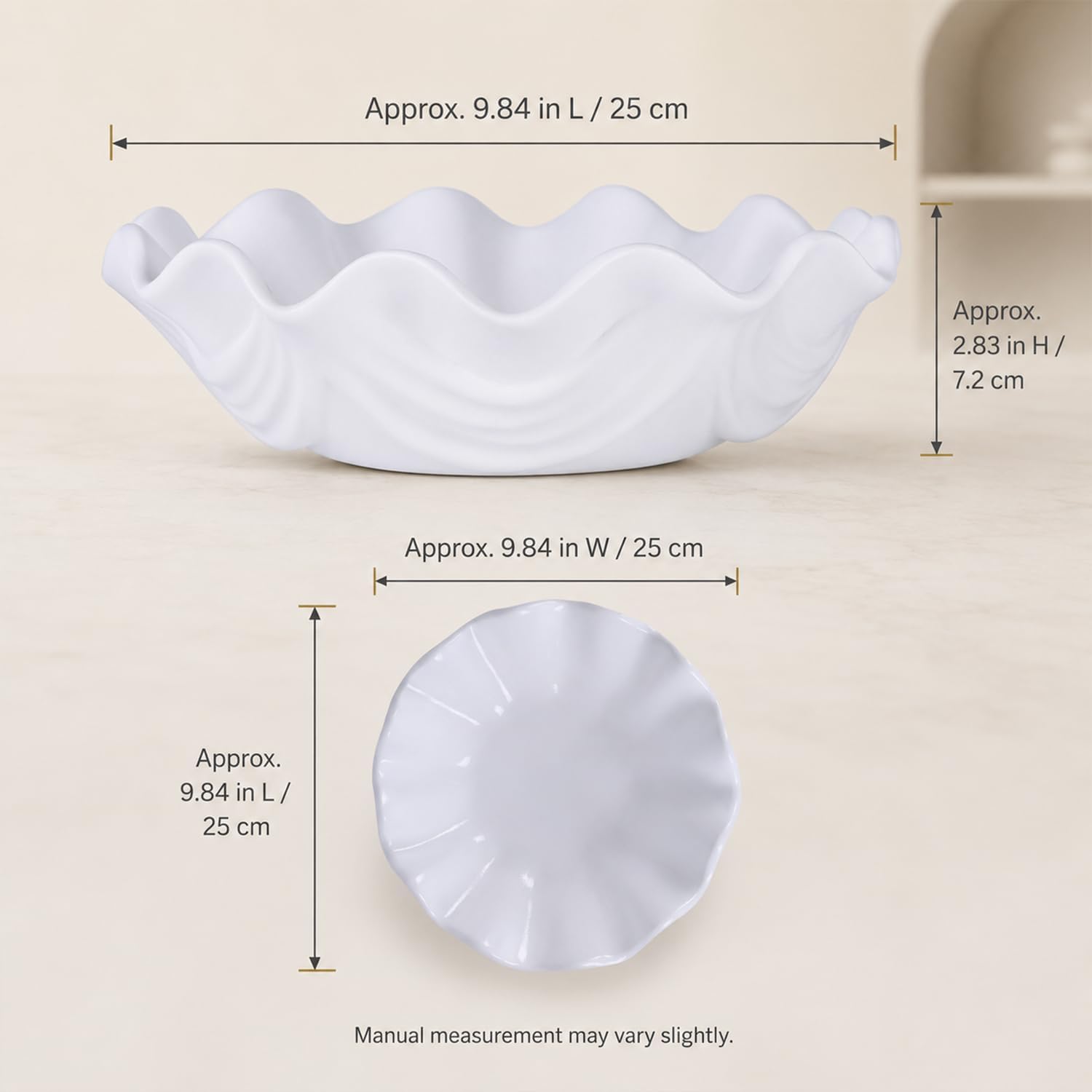 Large White Resin Decorative Bowl, Scalloped Ruffle Design for Coffee Table