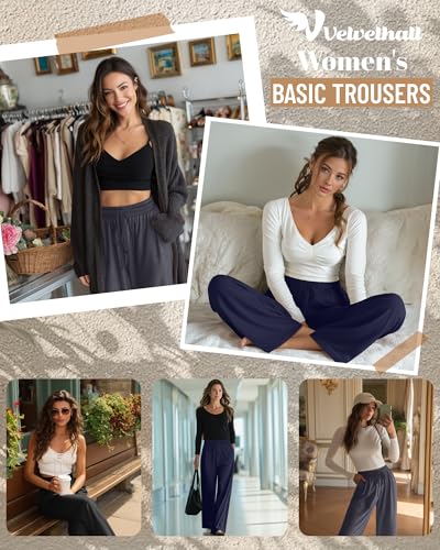 3 Pack Women's Wide Leg Pants, Casual Flowy Drawstring Trousers Elastic High Waisted Palazzo Pants with Pockets2