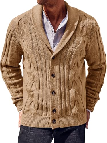 Runcati Mens Cardigan Sweater Cable Knit Button Down Shawl Collar Casual Long Sleeve Fall Winter Sweaters