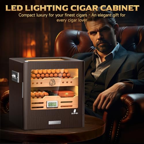 XIFEI Cigar Humidor Cabinet, Glass Top & Adjustable LED Lighting, Digital Hygrometer, 2 Humidifiers, Cigar Tube, Desktop Cedar Wood Humidor with Accessory Drawer for 80-100 Cigars, Ideal Men\'s Gift