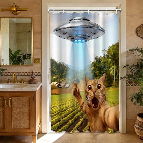 Image of Small Stall Shower Curtain Rv Funny Cat UFO, 48 x 72 Inchs
