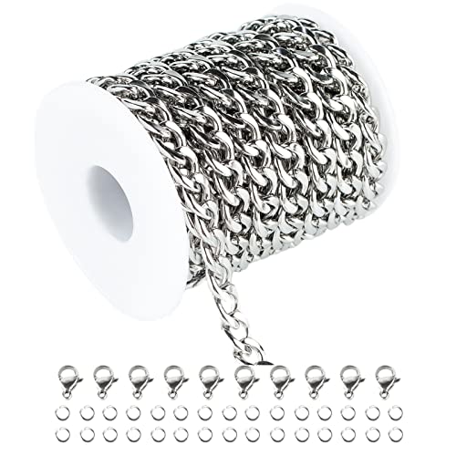 UMAOKANG 16.4 Feet Stainless Steel 10MM Cuban Chains for Men Hip Hop Jewelry Making Heavy Silver Chain Chunky Curb Cuban Link Necklace Bracelet Chain with Open Jump Rings Lobster Clasps