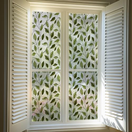 Alwayspon 39.37×16.93inch Non-Adhesive UV Rainbow Window Privacy Film, Green Leave Stained Glass Window Film, Decorative Static Cling Glass Sticker for Home, Room, Bathroom, Glass Door
