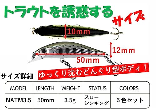 ナイトアーミー 釣具ルアー 3.5ｇ トラウトミノー ５色 ルアーセット シンキングタイプ 渓流ミノー (3.5トラウトカラー) 3枚目