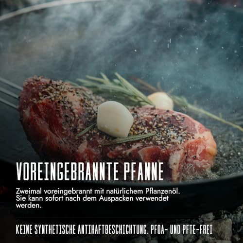 Foto von SKOTTSBERG Gusseisen Bratpfanne - Ø 28 cm – vorgebrannt & PFAS‑frei, leichter Edelstahlgriff - ideal für Induktion, Gas, Ceran, Grill & Ofen