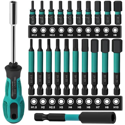 Juego de 22 brocas de impacto Allen de 25 mm + 60 mm de largo, juego de brocas hexagonales H1.5-H10, puntas de destornillador de impacto métricas, vástago hexagonal de 1/4 pulgadas de acero S2 con