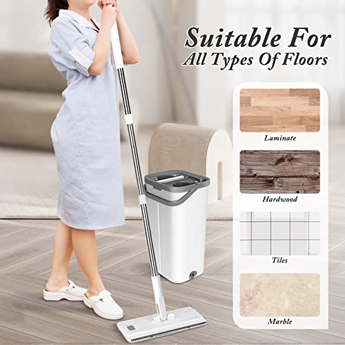 Hevol Flat Floor Mop And Bucket Set, Mop And Bucket With Wringer Set, 10 Washable Microfiber Mop Pads Included, Wet And Dry Use, Household Mop And Bucket For Floor Cleaning #TOP6