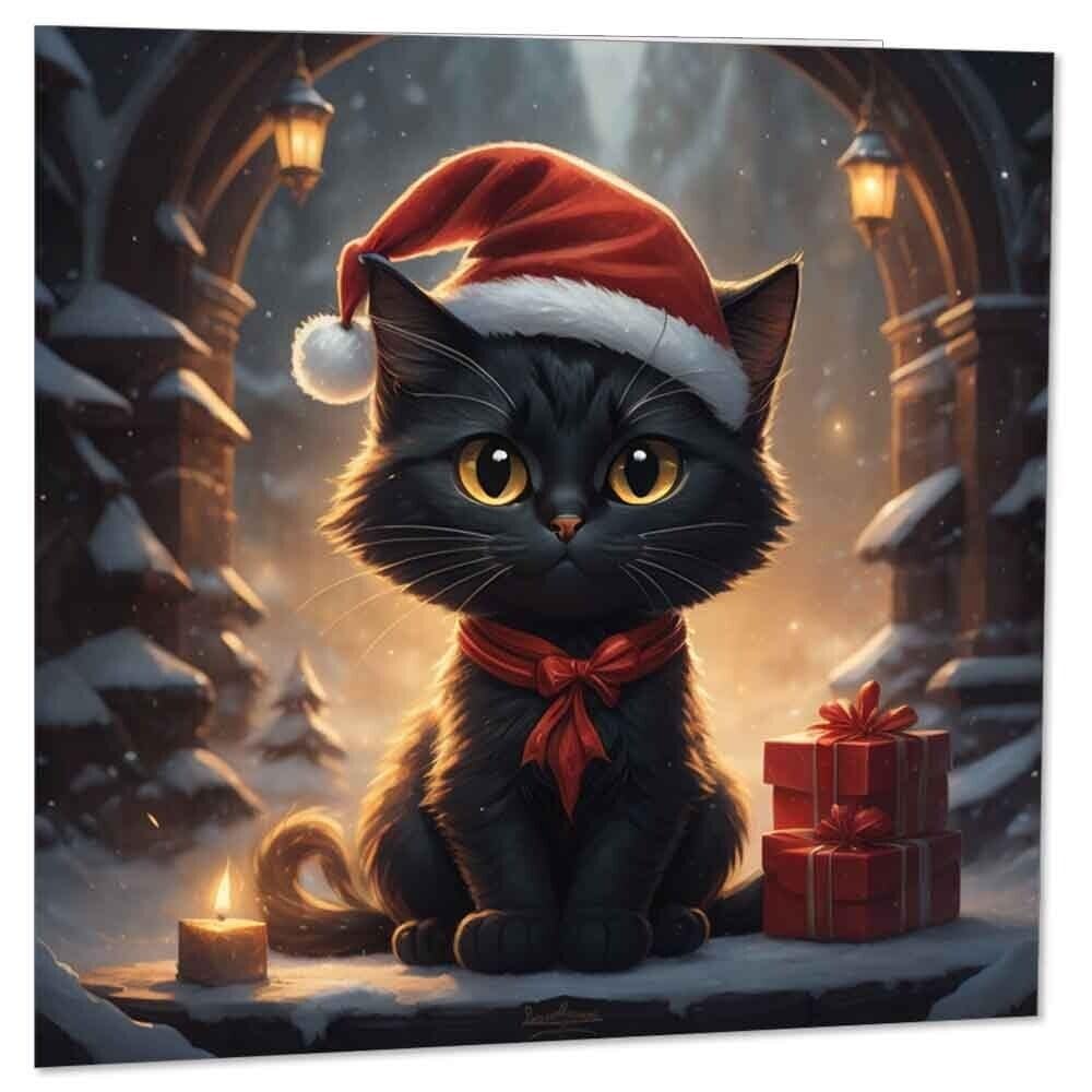 Lot De 4 Cartes De Vœux De Noël Avec Chats Noirs - Cartes Postales A6 (105x148mm) - Papier Qualité 260-350 G/m² - Pour Décoration Ou Envoi - 3