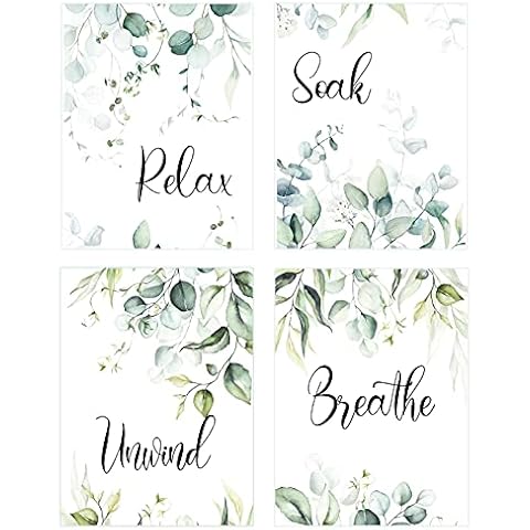 Ryyllh Set of 4 Unframed Tropical Plant Eucalyptus Leaf Inspirational Quotes Relax Soak Unwind Breathe Wall Poster Art Prints Living Room Bedroom Study Bathroom Home Decor Painting, 8 x 10 Inch Cover