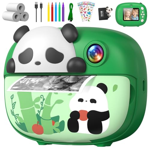 Uffylle Panda Kids Camera Instant Print Photo with 32G Card, 1080P HD Video Instant Cameras Age 3-12, Digital Toddler Camera Toys with Color Pens for DIY 3-12 Year Old Girls Boys Gifts Birthday, Green