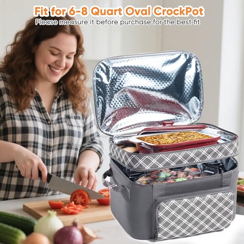Double Layer Slow Cooker Carrier Bag – Fits 6–8 Qt Oval Slow Cooker Compatible with CrockPot & Hamilton Beach | Insulated Travel Tote with Utensil Storage & Adjustable Straps - Image 5