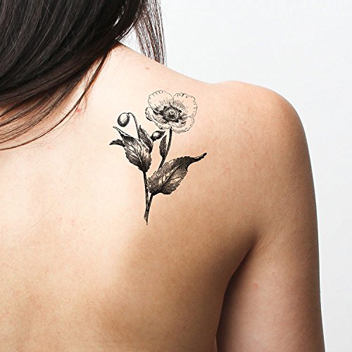 Tattify Flower Temporary Tattoo – Carbon Poppy (Set of 2 Tattoos) - Long Lasting and Waterproof