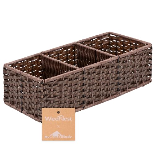 myHomeBody Kosz wiklinowy z 3 przegródkami, tkane kosze do organizowania, kosz do przechowywania, kosz na zbiornik toaletowy, organizer na blat łazienkowy, organizacja sypialni, wiklina z żywicy, 1