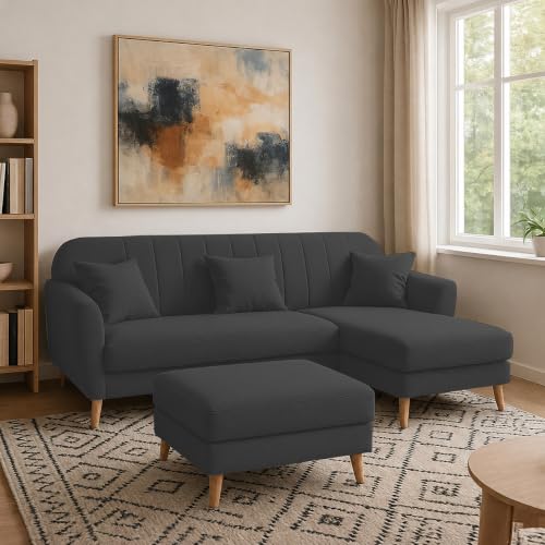 Image of Atticus RHS 4 Seater L Shape Sofa Set with Ottoman for Living Room (Black Fabric) Premium Fabric Sofa Set