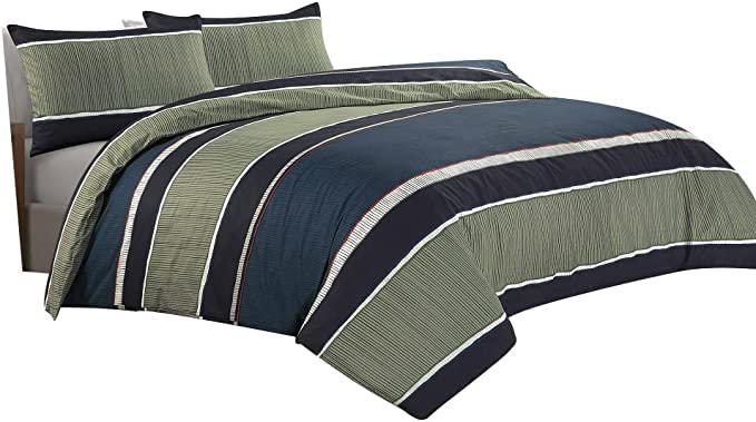 Axcent Comfort Luxury Printed Leon Stripe Lines Duvet Cover King - Multi Striped Green Blue Duvet Cover Set with 2 Pillow cases - Easy Care Reversible Bedding Set (Nathan)
