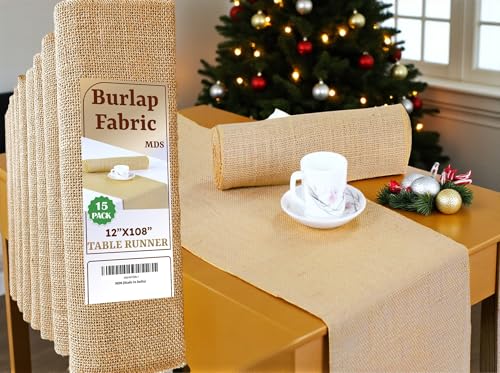 MDS Christmas Natural Burlap Table Runners - 15 Pack, 12 x 108 Inches - Rustic Jute Runners for New Year Party, Holiday Gathering, Harvest Dinner, Thanksgiving, Wedding, Farmhouse Vintage Decor