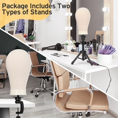 Klvied Wig Mannequin Stand for Desktop, Dual-use 22 Inch Canvas Wig Head Display, Adjustable Clamp Wig Holder, Manikin Head Stand Set for Cosmetology Hairdressing Training with Carrying Case
