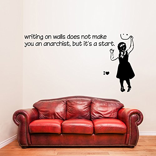 AnOL Banksy Vinilo para Pared Frase La Escritura en Paredes no te Hacen Anarquista/Niña con Cara Sonriente/Street Graffiti Pegatina + Gratis Adhesivo (120x63 cm)