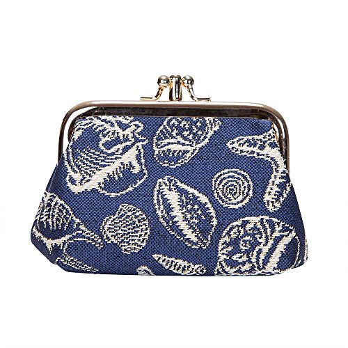 Signare Tapestry Double Pocket Change Pouch Kiss lock Coin Purse for Women With Navy Blue Sea Shell Design(FRMP-SHELL)