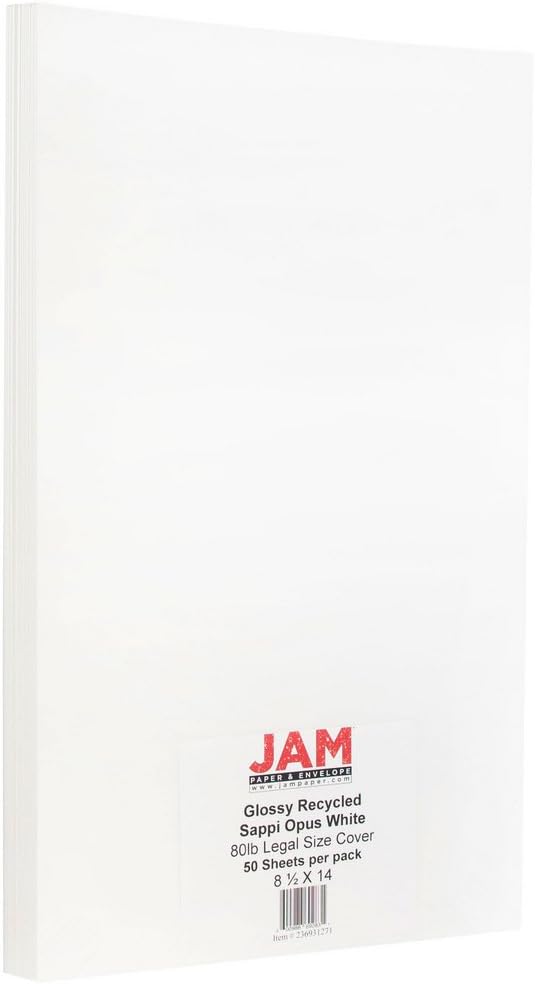 JAM PAPER Legal 80lb Cardstock - Glossy 2 Sided - 8.5 x 14 Coverstock - 216 gsm - White - 50 Sheets/Pack