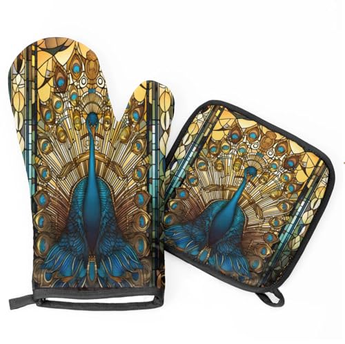 Peacock Elegant Oven Mitts Kitchen Oven Gloves for Cooking Baking Heat Proof Lining Cotton Kitchen Potholder Mittens Pot Holders Hot Pads for Chef Women Men
