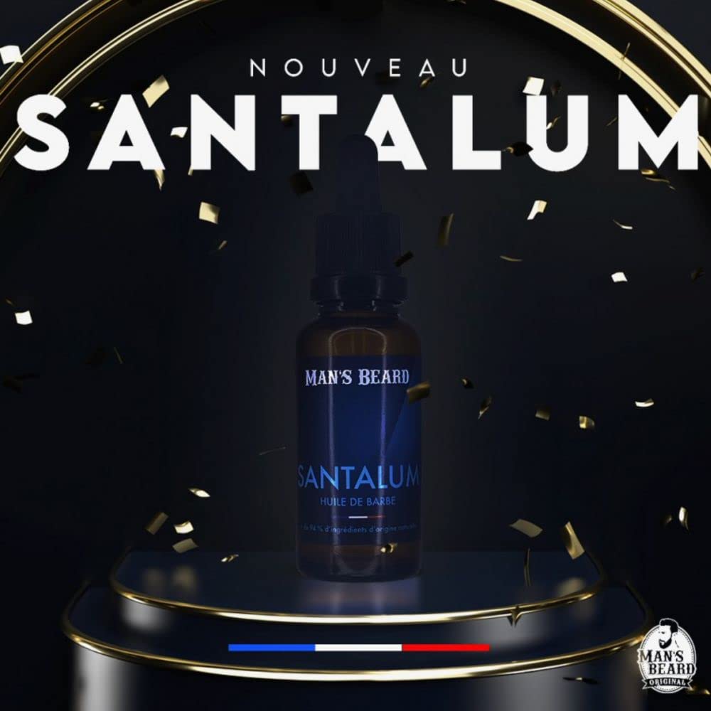 Man's Beard - Huile à barbe parfumée Santalum 30ml – Parfum bois de Santal - Soin et entretien hydratant naturel pour la barbe - Ingrédients d'origine naturelle -100% Fabrication Française