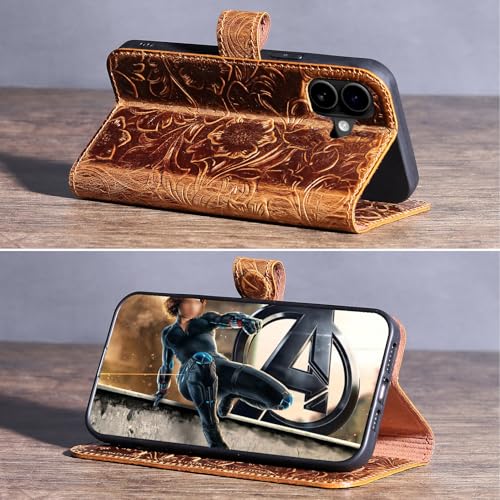 RMAWRAD Leather Case Compatible with iPhone 16 Wallet 6.1 Inch,Genuine Leather Shockproof,Full Encirclement Protection Flip Folio Cover with Card Slot Kickstand,Dark Brown by RMAWRAD - Used condition - Image 4