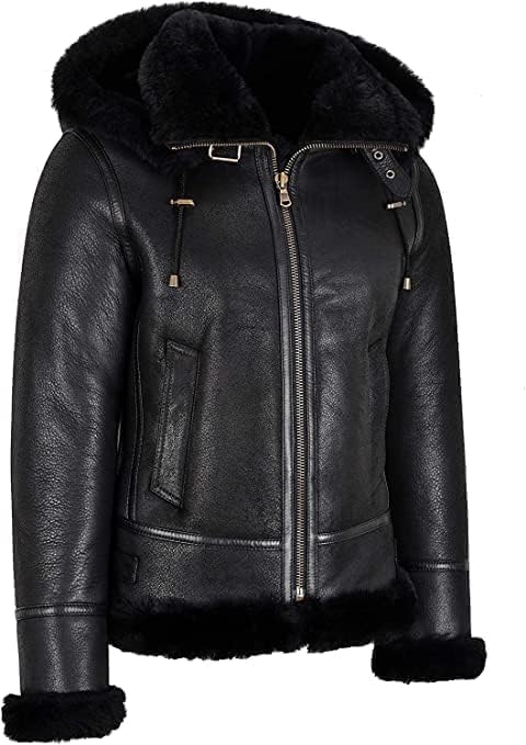Iconic Womens B3 Bomber Hooded Classic Shearling Pilot Flying Aviator Genuine Sheepskin Leather Jacket - Image 2