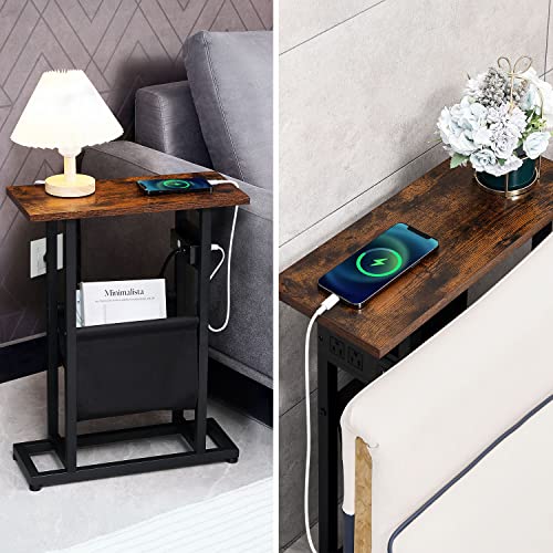 Lakemid Side Table With Charging Station Set Of 2 - Small Sofa Table Narrow End Table With Metal Frame For Living Room Bedroom Small Spaces (Rustic Brown) #TOP4