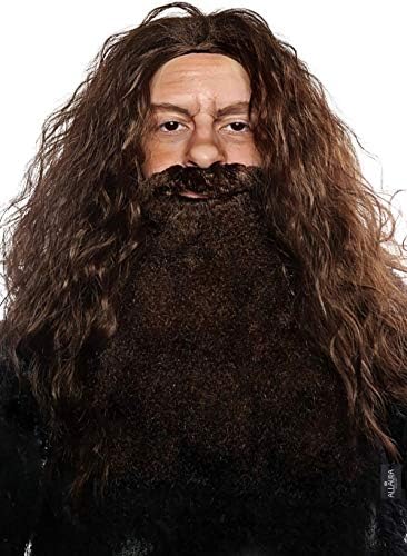 ALLAURA Brown Wizard Wig and Beard Set | Mens Wizard Character | Fake Wizard Beard Mustache Fits Adult Men — Mens Halloween Costume, Compatible with Viking Beard Costume & Viking Wig Man