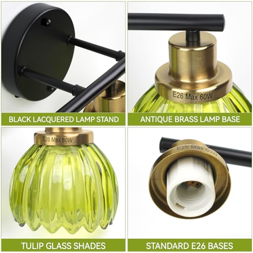 Image of Ldeco 3 Light Bathroom Vanity Light Fixtures Vintage Wall Sconce with Green Glass Shades Brushed Black Wall Mount Light Over Mirror Hallway Cabinet Living Room Decor E26 Base