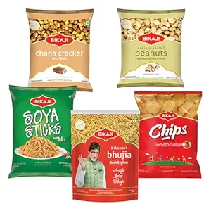Bikaji Snacks Combo – BIKAJI POTATO CHIPS TOMATO SALSA & ROASTED CHANA CRACKER & SOYA STICKS & SALTED PEANUT & BHUJIA | 5 Pack Variety | Bar Snacks, Party Mix & Tea-Time Treats – 880g
