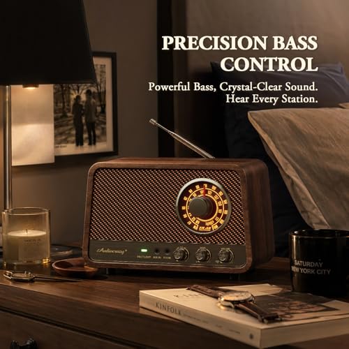 Image of Classic wooden Bluetooth FM radio with 10 watts of powerful sound, retro radio with Bluetooth speaker with amber glowing dial, bass control, Aux input, connector for