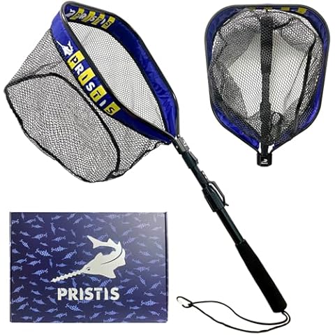 Pristis 12'' Depth Floating Lightweight Fishing Net with Telescopic Pole Handle, Rubber Coat Landing Net Freshwater Saltwater, 39'' Foldable Extendable Dip Net, Boat/Kayak Fish Net for Catch Release Cover